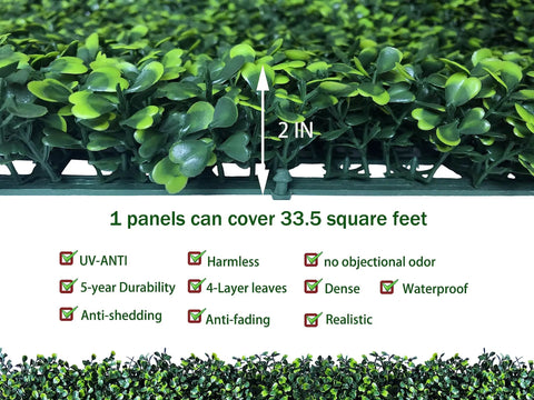 Close-up of Faux Ivy Privacy Fence Panel 40 by 120 Inches 33.5 Sq Ft Coverage UV Resistant Boxwood Backdrop showing 2-inch leaves.
