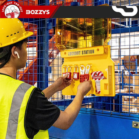 Worker using Lockout Tagout Kit and Wall Station for OSHA Safety, 6-Position Lockout Station with 3 Keyed-Different Padlocks