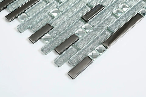 Sparkling Silver Crystal Glass Tile Mosaic With Metallic Shine For Kitchen Backsplash, Bathroom, And Shower Walls, Stain Resistant