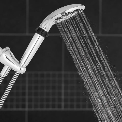 Five Spray Modes Handheld Shower Head With Five Foot Hose Chrome Finish Easy DIY Install Adjustable Bracket Quick Switch On The Fly For Spa Like Clean shown in use with water spray visible.