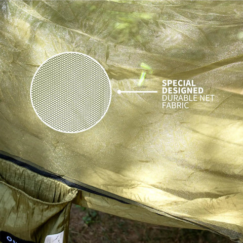 Detail of lightweight one person hammock with mosquito net, Durable 70D Nylon portable camping hammock fabric close-up