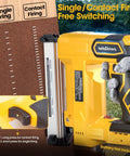 Cordless Brad Nailer Built Tough For Long Shifts With No Sweat showing single and contact firing options with control features.
