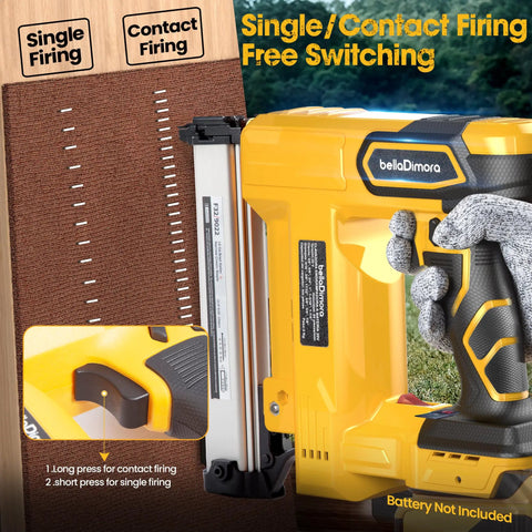Cordless Brad Nailer Built Tough For Long Shifts With No Sweat showing single and contact firing options with control features.