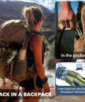 Woman hiking with Portable Water Purifier Straw For Hiking And Camping, Reusable Filtration System shown in backpack and pocket