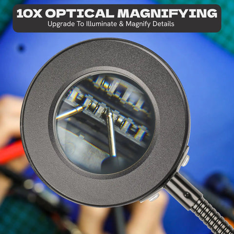 Pro Grade All In One Soldering Station With 5X Magnifying Lamp And LED Light close-up of circuit work under magnifier