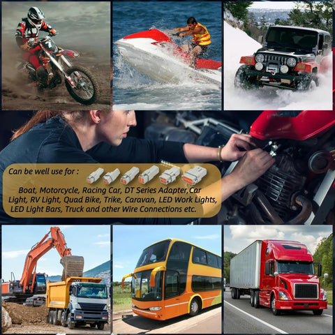 Collage showing uses of the 205 Piece Plug And Play Connector Kit With 2 3 4 6 8 12 Pin IP67 Waterproof Connectors in vehicles and machinery.