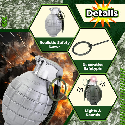 4 Pack Toy Grenades Set For Kids, Realistic Boom Sound Effects, featuring safety lever and decorative 4-inch plastic design