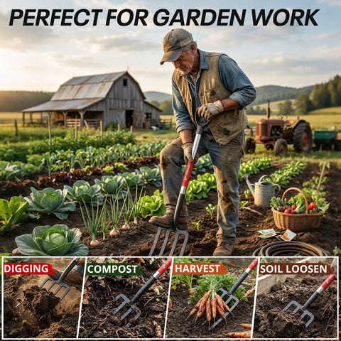 Gardener using Beefy Forged Steel Spading Fork With D Grip Handle 41 Inch Premium 4 Tine Digging Fork For Hard Soil in vegetable garden