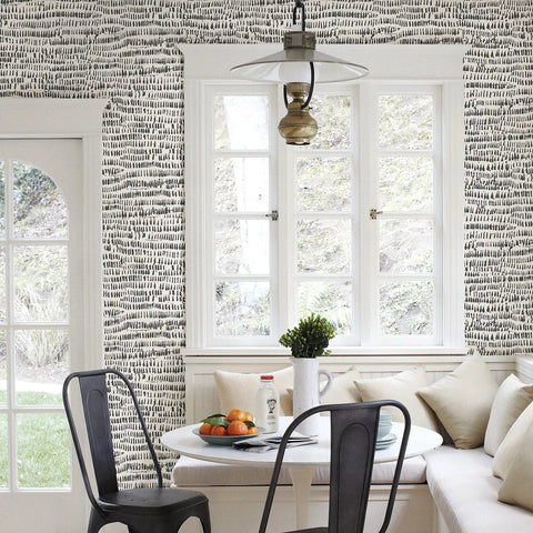 Peel And Stick Grey Speckle Brushstroke Wallpaper For Easy Diy Decor, Repositionable And Removable, Sticks To Any Smooth Surface With No Residue, Renters Friendly Makeover For Flat Surfaces Or Accent Walls on dining room wall with window view.