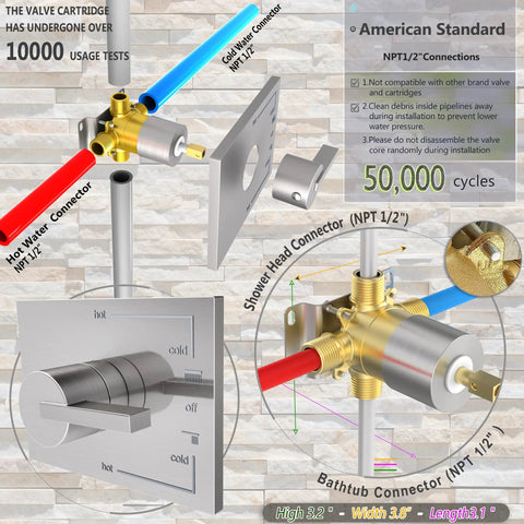 All In One Tub And Shower Faucet Set With Brushed Nickel Finish, Six Inch Rain Shower Head And Arm, Brass Valve, Stainless Tub Spout, One Half Inch NPT, Complete Shower System For Quick Install with valve and connectors details shown