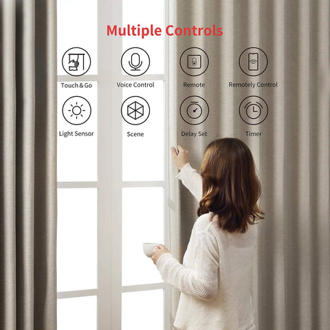 Woman using Curtain Automation Motor For Smart Home With Wireless App And Auto Timer Control, Installs In 30 Seconds Without Tools.