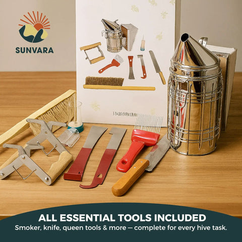 Beekeeping Starter Kit with smoke tool, hive essentials, bee smoker, hive tools, frames, gloves, Apiguard on table.