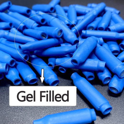 Blue Gel Filled Wire Splice Connectors 100Pcs Pack, Silicone Moisture Barrier, shown in close-up pile
