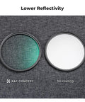 49mm Black Diffusion 1/4 Filter For Cinematic Mist And Soft Skin Dreamy Highlights Lowered Contrast Ideal For Video Vlog And Portrait Photography 18 Layer Coatings For Superior Clarity And Rich Tones shown against uncoated lens comparison