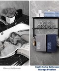 Comparison of messy bathroom and organized space with Foldable Double Towel Rack With Towel Bar And 5 Hooks Space Aluminum Wall Mount Shelf