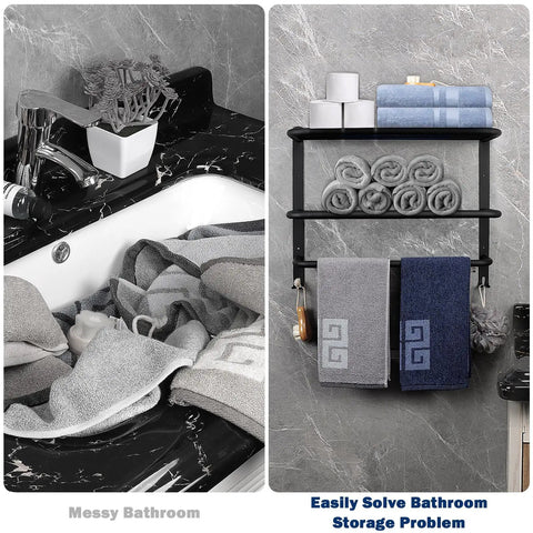 Comparison of messy bathroom and organized space with Foldable Double Towel Rack With Towel Bar And 5 Hooks Space Aluminum Wall Mount Shelf