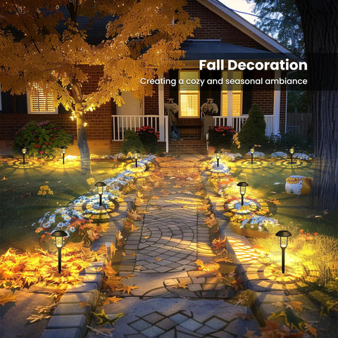Outdoor Solar Lights For Yard And Pathway Waterproof Landscape Lighting illuminating fall pathway with snowflake patterns