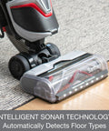 Commercial Grade Upright Vacuum Featuring Adaptive Surface Sensing Automation Alongside Long Lasting Motors on hard floor.