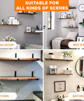 Various scenes showing Beefy Heavy Duty J Shelf Brackets With Lip For 9.25 Inch Boards, 10 Inch Shelf Support, black steel used on walls.