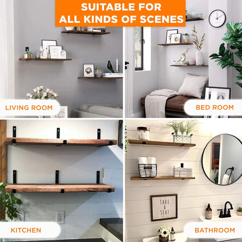 Various scenes showing Beefy Heavy Duty J Shelf Brackets With Lip For 9.25 Inch Boards, 10 Inch Shelf Support, black steel used on walls.