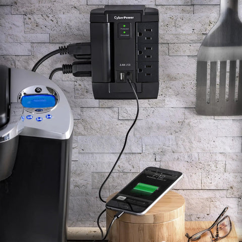 Six Swivel Outlet Surge Protector With 1200J Surge Protection, 125V, Two USB Ports, Wall Tap Design, Compact Power Hub in kitchen
