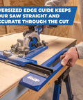 Kreg KMA2400 Rip-Cut circular saw guide mounted on a blue base; side view guiding a straight plywood cut.