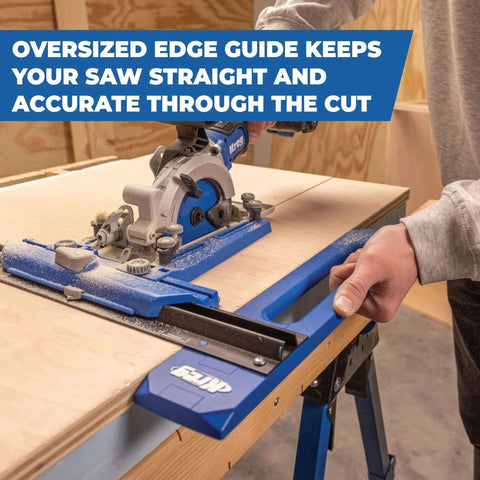 Kreg KMA2400 Rip-Cut circular saw guide mounted on a blue base; side view guiding a straight plywood cut.