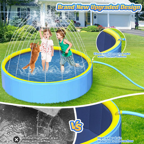 Huge 79 Inch Foldable Kiddie Pool For Pets And Kids With Non Slip Hard Plastic 2 In 1 Sprinkler Pool Portable Outdoor Backyard Splash Play Perfect For Summer Lawn Parties And Family Fun shown with children and a dog playing.