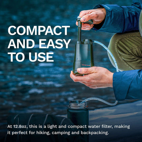 Person using 0.01 Micron Portable Water Filtration System For Real Survival, Backpacking And Camping, Ultra Lightweight 12.8oz, BPA Free