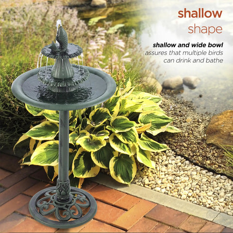 Outdoor 3 Tier Pedestal Water Fountain With Vintage Birdbath Accent In Green, Ideal Garden Decor For Patio And Backyard