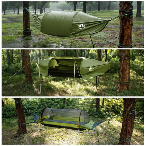 Flat Lay Hammock Tent With Bug Net And Waterproof Rain Fly For One Person, Lightweight Backpacking Gear setup in forest