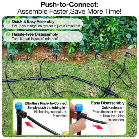 Easy Install 1 Quarter Inch Drip Emitter Kit With Adjustable Flow And 360 Degree Fan Sprayer No Tools Needed setup on garden lawn.