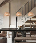 Dining room with Boho Woven Pendant Light Dome Chandelier, Rustic Farmhouse Hemp Rope Rattan Ceiling Fixture, and modern decor.