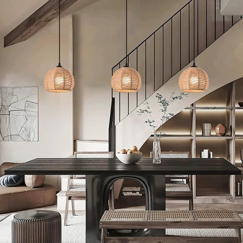 Dining room with Boho Woven Pendant Light Dome Chandelier, Rustic Farmhouse Hemp Rope Rattan Ceiling Fixture, and modern decor.