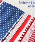 Close-up of Vintage American Flag Rag Ribbon Banner For Fourth Of July Decor showing lace detail, 4x2.3 ft size.
