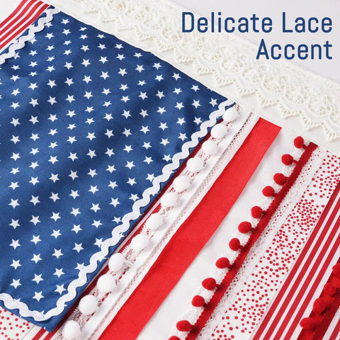 Close-up of Vintage American Flag Rag Ribbon Banner For Fourth Of July Decor showing lace detail, 4x2.3 ft size.