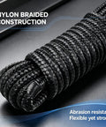 Close-up of Four Pack Boat Dock Lines 3/8 Inch By 15 Feet Nylon Double Braided Rope With 12 Inch Loop Heavy Duty Ready To Use Spliced Ends Marine Grade Docking Ropes For Boats Black, showing braided texture and loop