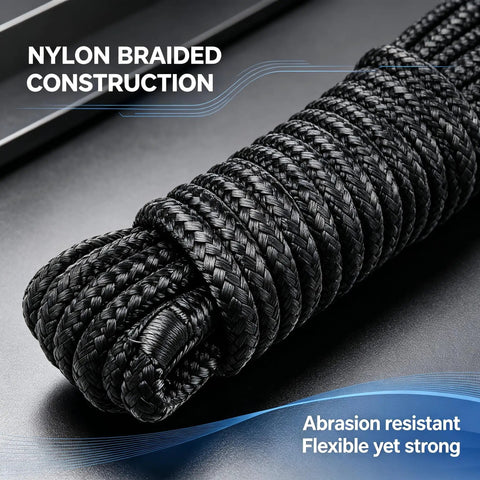 Close-up of Four Pack Boat Dock Lines 3/8 Inch By 15 Feet Nylon Double Braided Rope With 12 Inch Loop Heavy Duty Ready To Use Spliced Ends Marine Grade Docking Ropes For Boats Black, showing braided texture and loop
