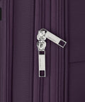 Zipper detail of Carry On Soft Side Expandable 21 Inch Element Suitcase With 360 Spinner Wheels Adjustable Handle, purple fabric.