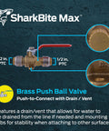 Half Inch Ball Valve With Drain Vent And Mounting Tab Push To Connect Brass Plumbing Fitting for pipes, shown in close-up.