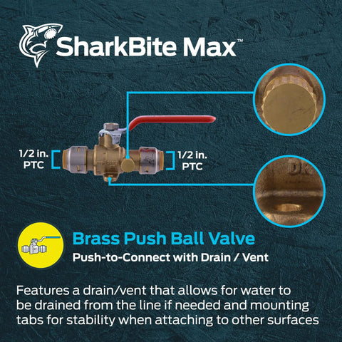 Half Inch Ball Valve With Drain Vent And Mounting Tab Push To Connect Brass Plumbing Fitting for pipes, shown in close-up.