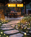 4 Pack Solar Garden Lights With 48 LED Firefly Lights, 2 Lighting Modes illuminating backyard with patio and stone path.