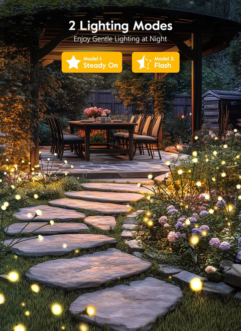 4 Pack Solar Garden Lights With 48 LED Firefly Lights, 2 Lighting Modes illuminating backyard with patio and stone path.