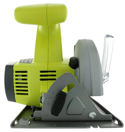 Eighteen Volt Cordless Circular Saw Featuring A Five Point Five Inch Carbide Blade For Grinding Long Rip Cuts Through Plywood And Dimensional Lumber Without Breaking A Sweat Today, side view with adjustable depth and bevel angle knob.