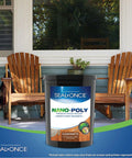 Heavy Duty Water Based Wood Sealer And Clear Waterproofer in five-gallon bucket placed on a wooden porch beside Adirondack chairs.