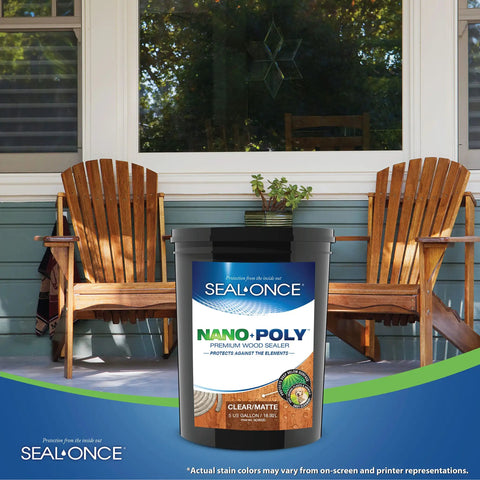 Heavy Duty Water Based Wood Sealer And Clear Waterproofer in five-gallon bucket placed on a wooden porch beside Adirondack chairs.