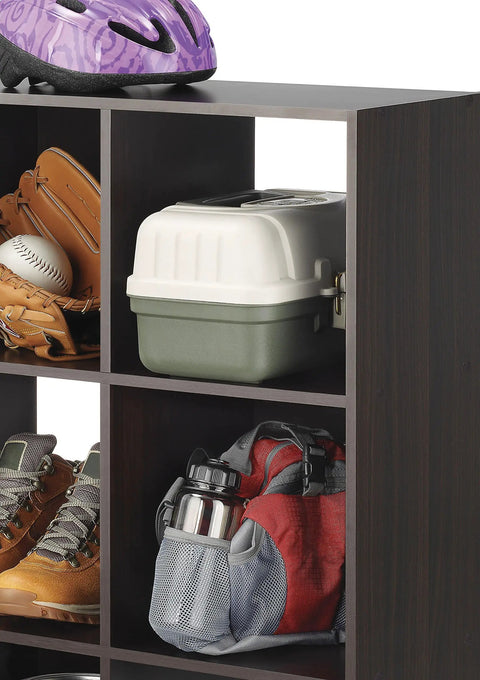 9 Cube Storage Organizer Shelf Unit for Living Room and Bedroom with helmets and sports gear in espresso finish cubes