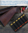8 Round Shotgun Shell Holder Buttstock For 12 Gauge And 20 Gauge Ammo next to wooden shotgun butt and shells
