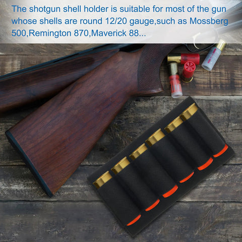 8 Round Shotgun Shell Holder Buttstock For 12 Gauge And 20 Gauge Ammo next to wooden shotgun butt and shells