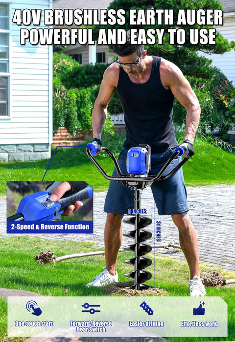 Man using 40V Brushless Cordless Earth Auger With 8 Inch Auger Bit For Fence Posts Battery And Charger Included Dig Holes Fast In The Yard With Multiple Speeds And Reverse To Make Post Holes A Breeze